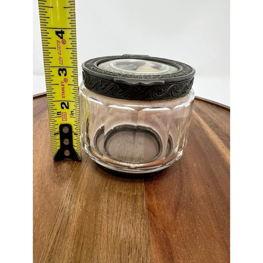 Antique Glass Jar Ornate‎ Metal Lid Portrait Miniature Art Deco Vanity Container